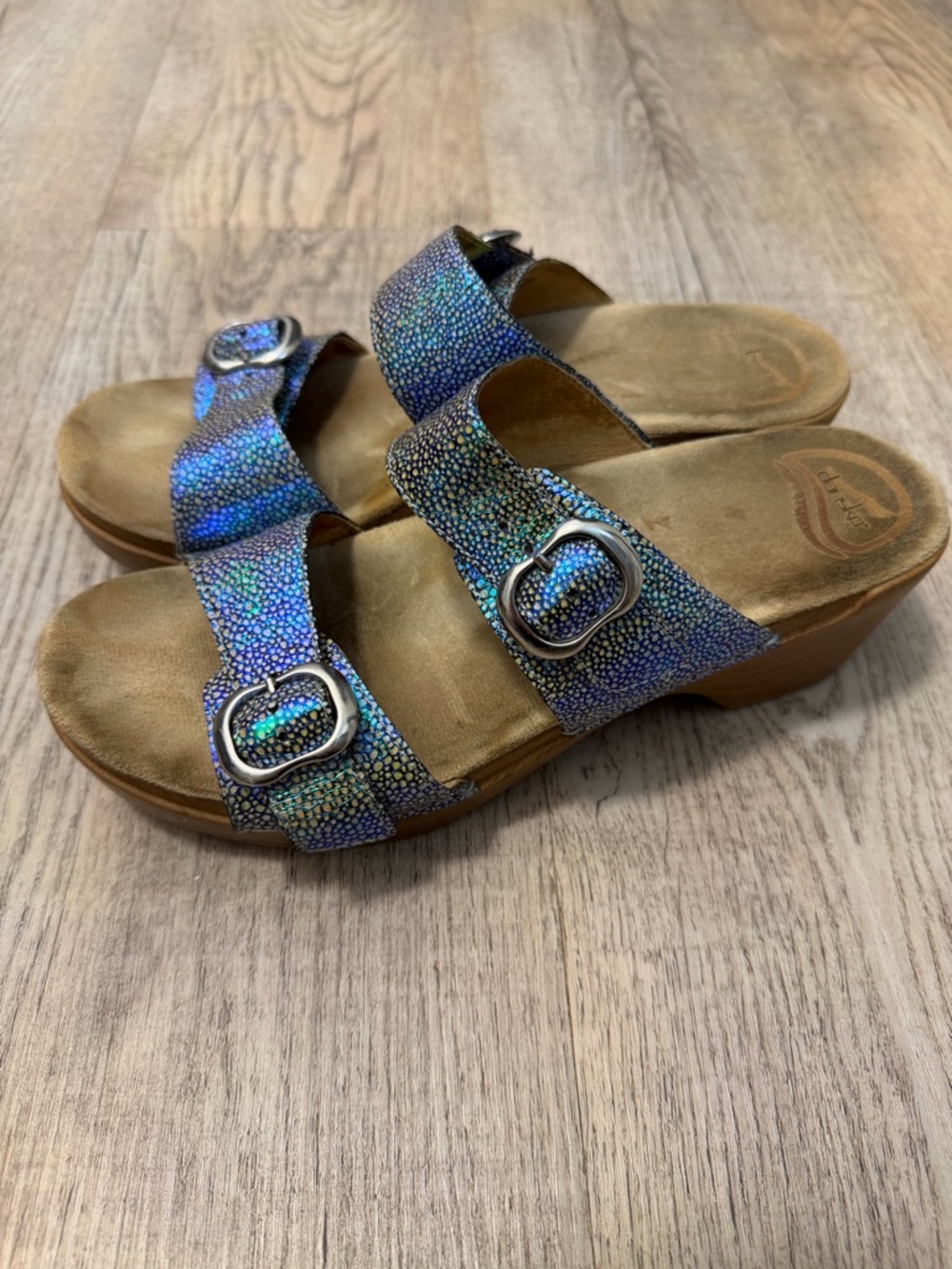 Dansko Iridescent Blue-Green Dual Buckle Wedge Sandals